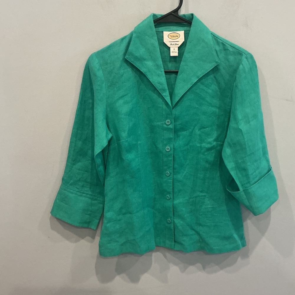Vtg Talbots Womens Irish Linen Button Up Shirt Sz 4 Teal Green Classic Coastal